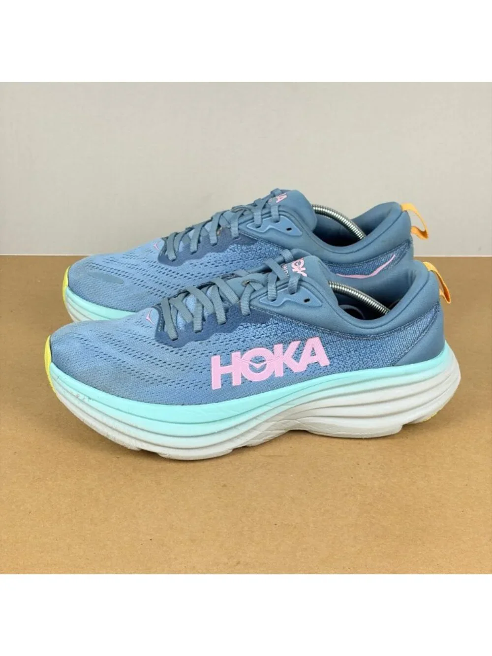Hoka Bondi 8 Athletic Running Shoes Womens 11 Blue Pink Breathable Low Top